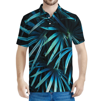 Turquoise Tropical Leaves Print Men's Polo Shirt
