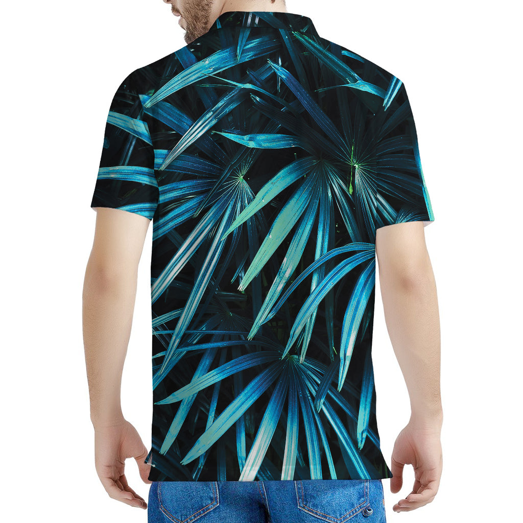 Turquoise Tropical Leaves Print Men's Polo Shirt