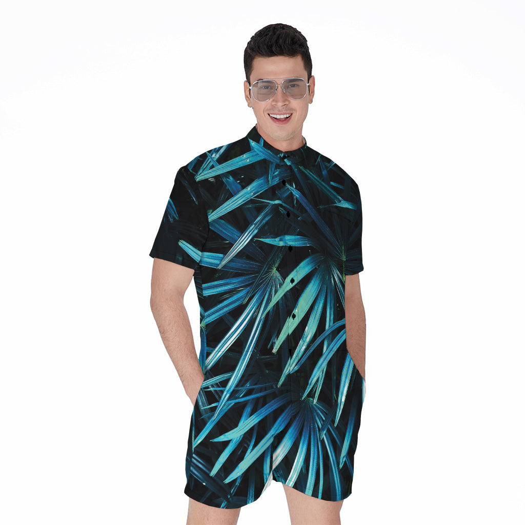 Turquoise Tropical Leaves Print Men's Rompers