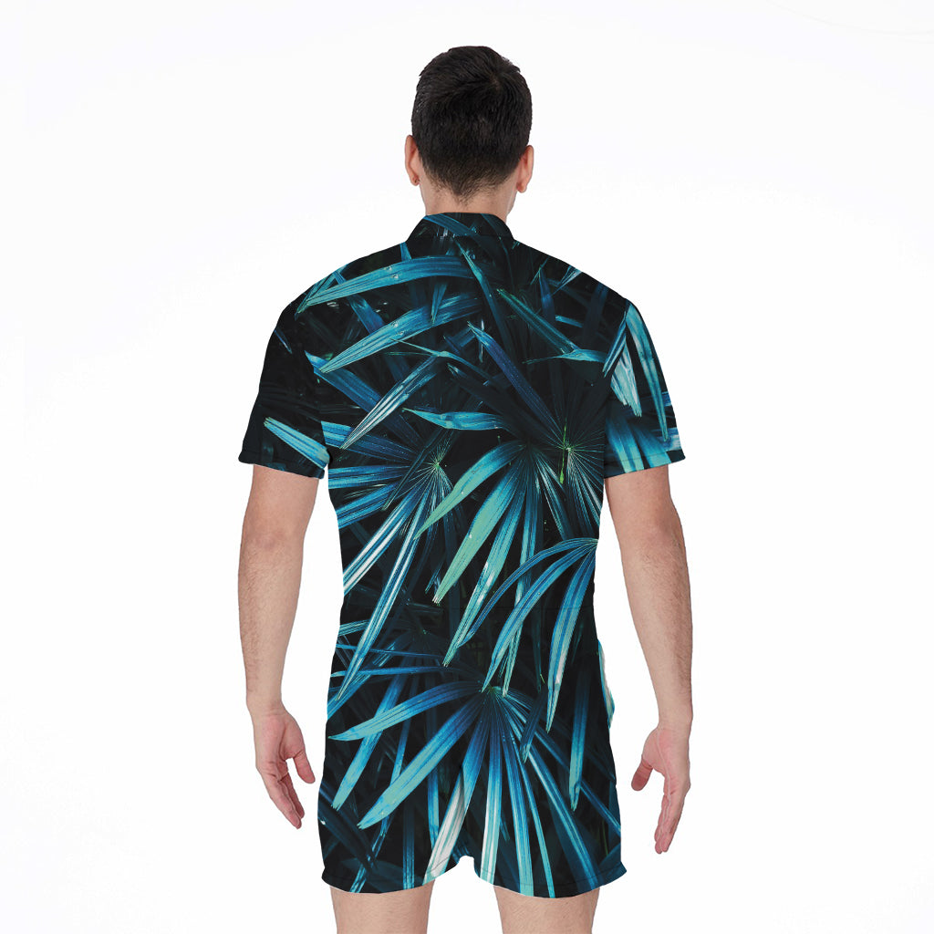 Turquoise Tropical Leaves Print Men's Rompers