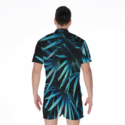 Turquoise Tropical Leaves Print Men's Rompers