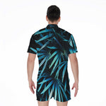 Turquoise Tropical Leaves Print Men's Rompers