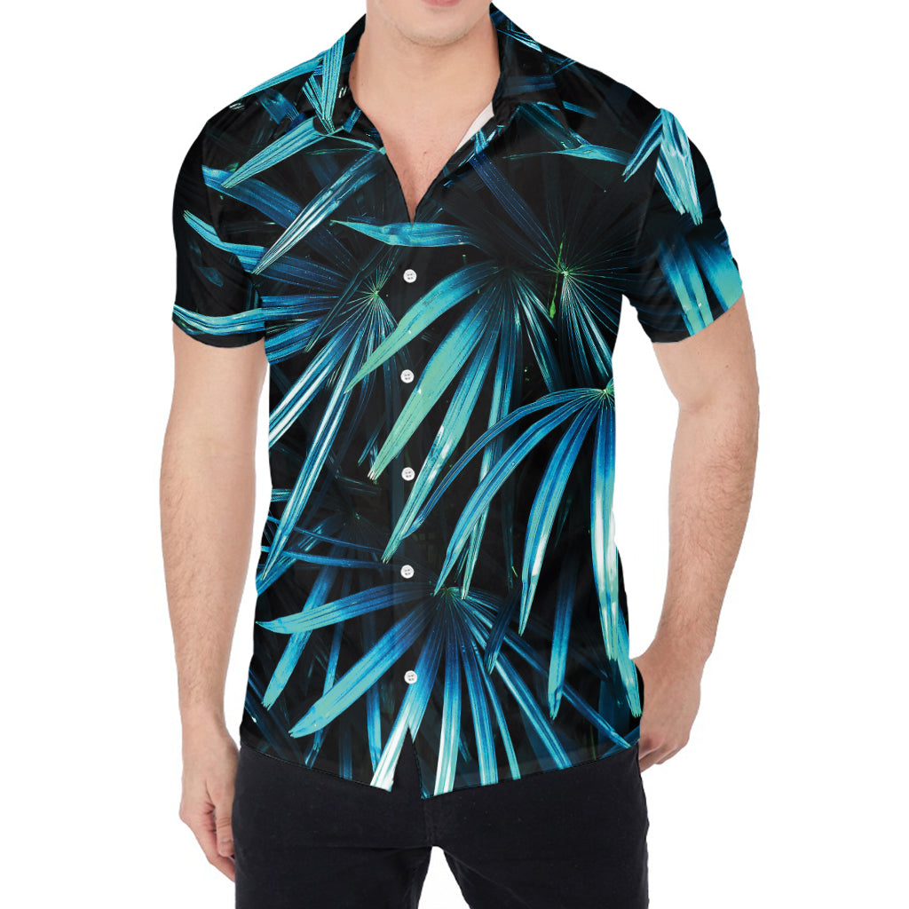 Turquoise Tropical Leaves Print Men's Shirt