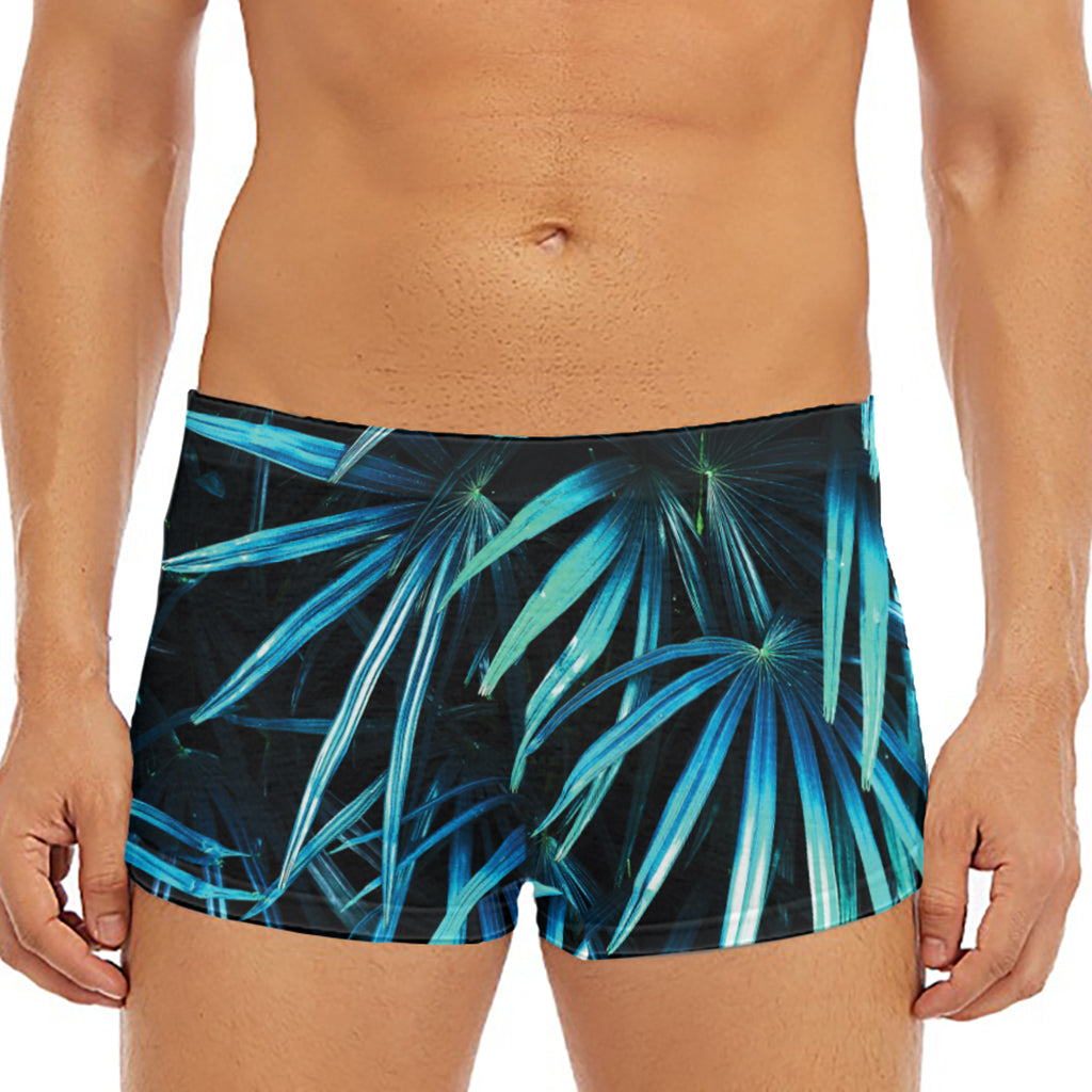 Turquoise Tropical Leaves Print Men's Short Boxer Briefs