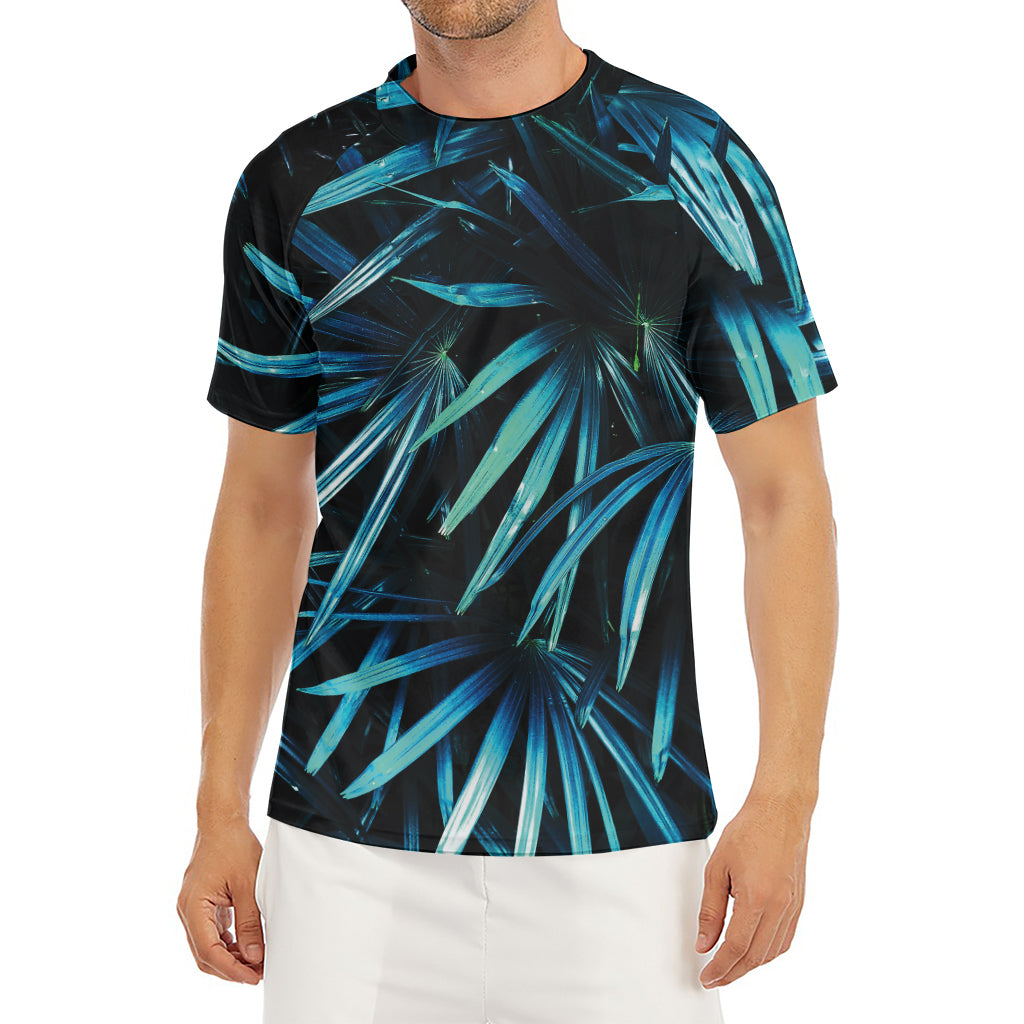 Turquoise Tropical Leaves Print Men's Short Sleeve Rash Guard