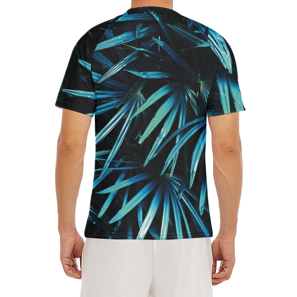 Turquoise Tropical Leaves Print Men's Short Sleeve Rash Guard