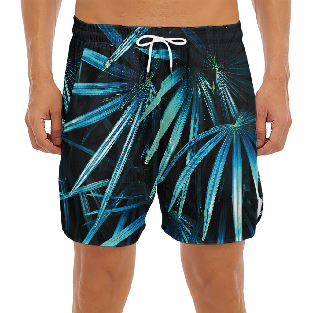 Turquoise Tropical Leaves Print Men's Split Running Shorts