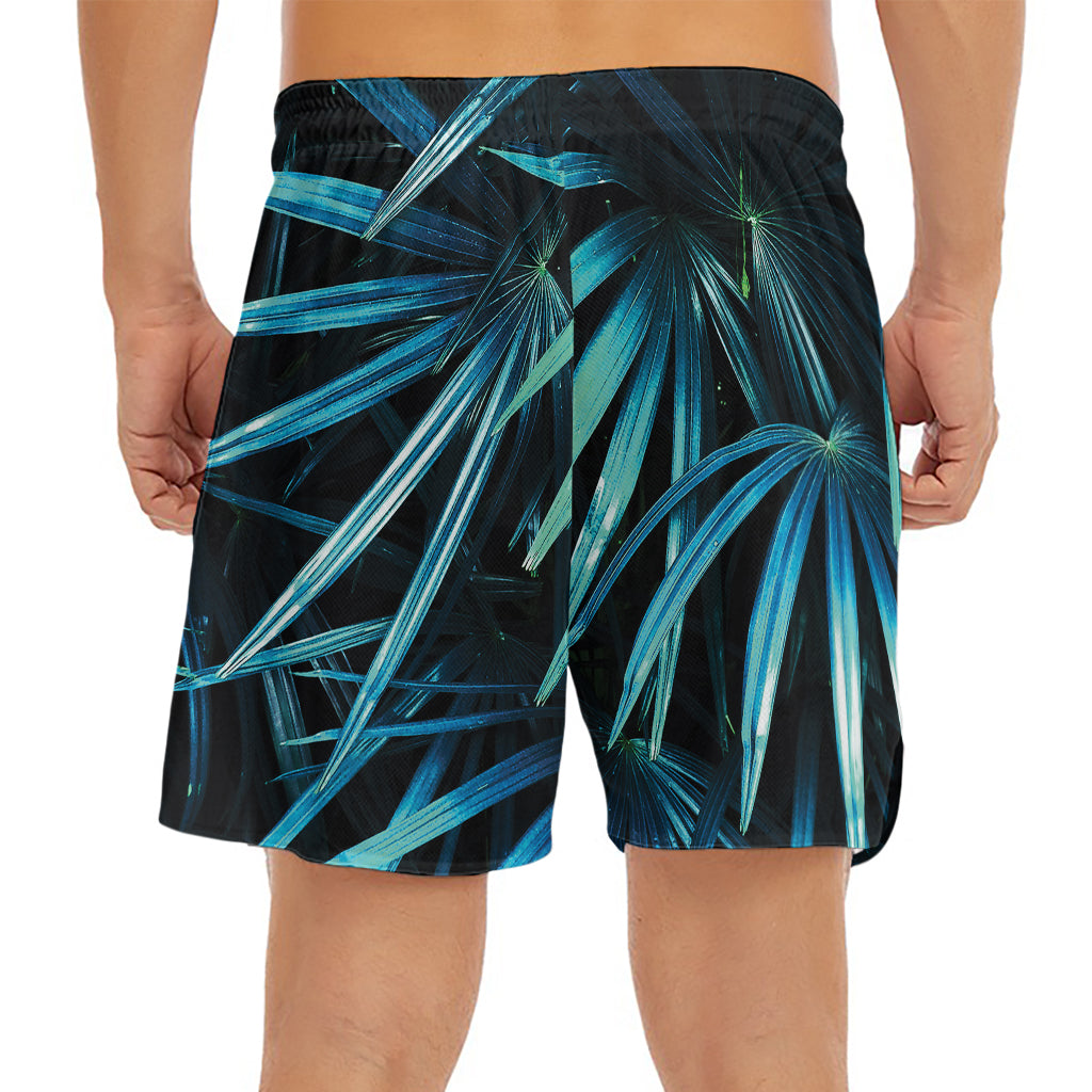 Turquoise Tropical Leaves Print Men's Split Running Shorts