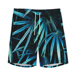 Turquoise Tropical Leaves Print Men's Sports Shorts