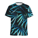 Turquoise Tropical Leaves Print Men's Sports T-Shirt