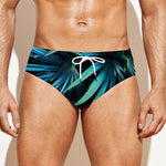 Turquoise Tropical Leaves Print Men's Swim Briefs