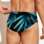 Turquoise Tropical Leaves Print Men's Swim Briefs