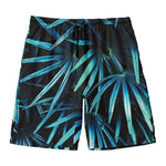 Turquoise Tropical Leaves Print Men's Swim Trunks