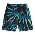Turquoise Tropical Leaves Print Men's Swim Trunks