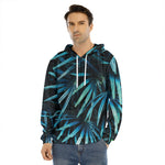 Turquoise Tropical Leaves Print Men's Velvet Pullover Hoodie