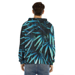 Turquoise Tropical Leaves Print Men's Velvet Pullover Hoodie