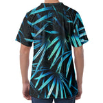 Turquoise Tropical Leaves Print Men's Velvet T-Shirt