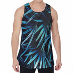 Turquoise Tropical Leaves Print Men's Velvet Tank Top