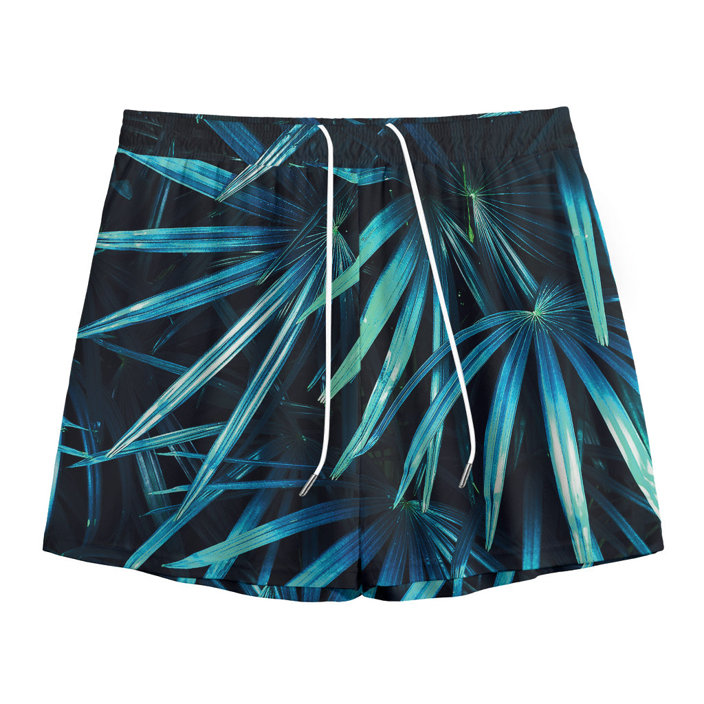 Turquoise Tropical Leaves Print Mesh Shorts