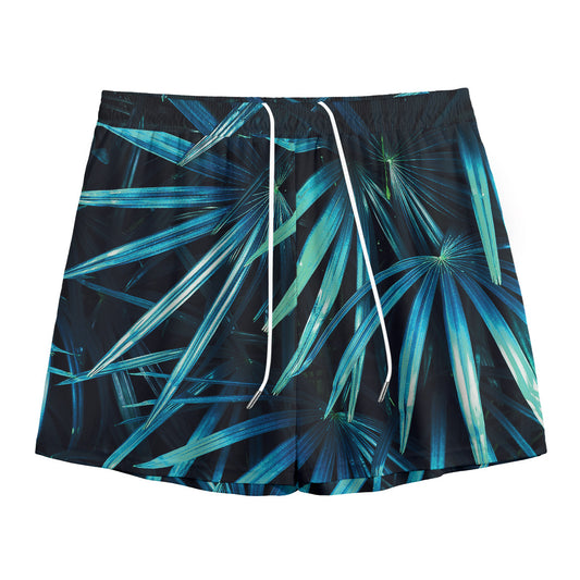 Turquoise Tropical Leaves Print Mesh Shorts