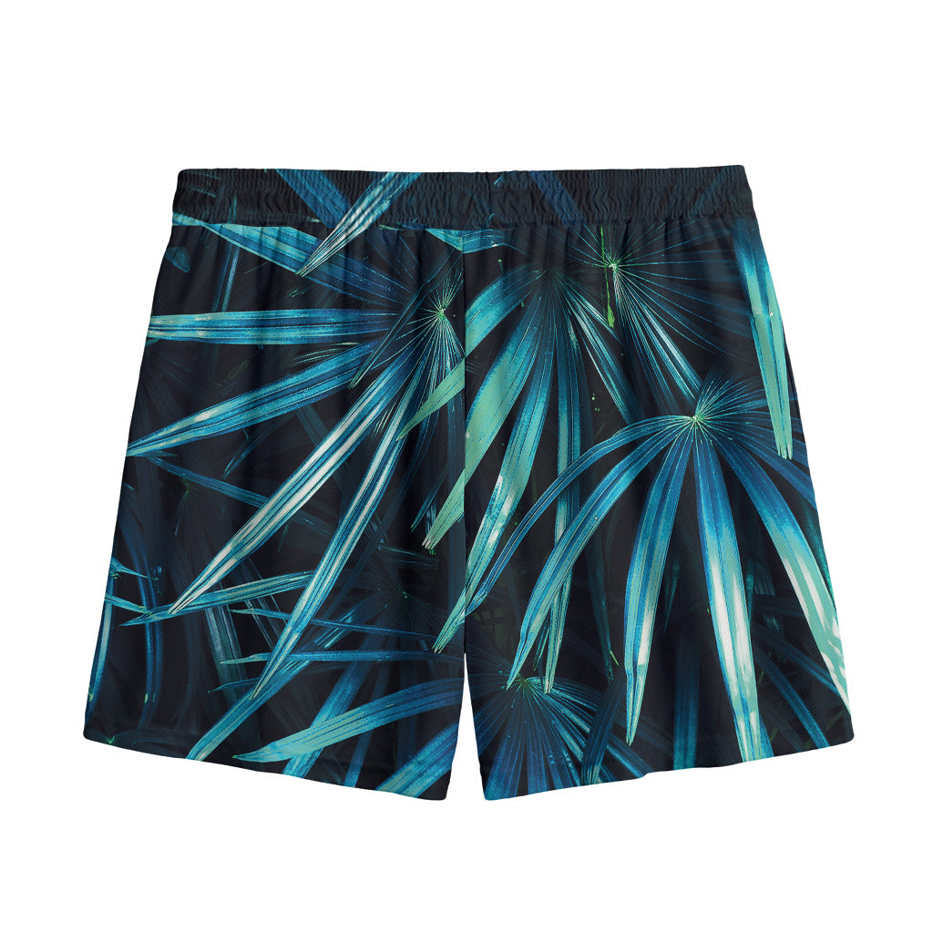 Turquoise Tropical Leaves Print Mesh Shorts
