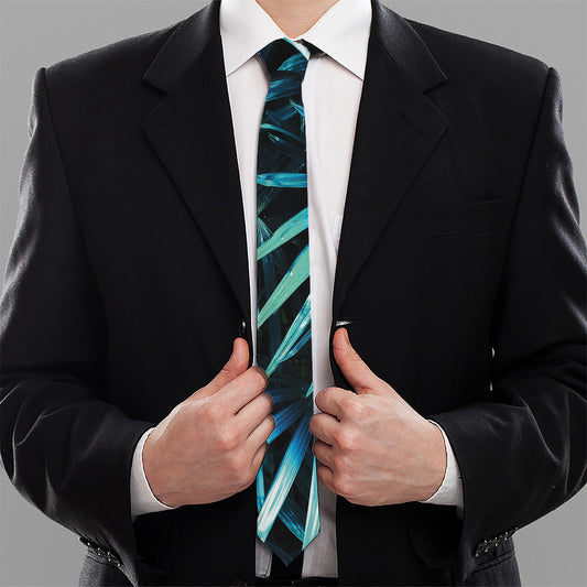 Turquoise Tropical Leaves Print Necktie