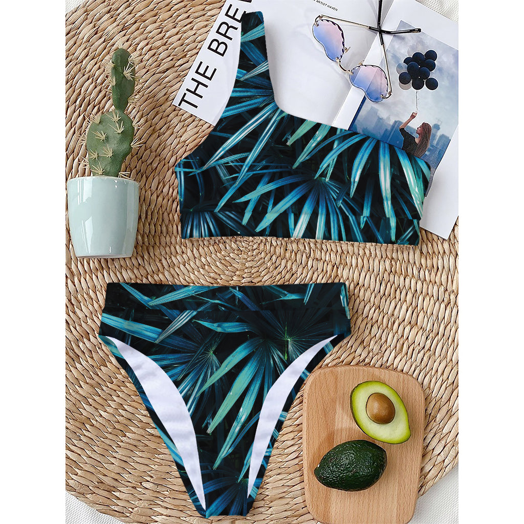Turquoise Tropical Leaves Print One Shoulder Bikini Top