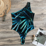 Turquoise Tropical Leaves Print One Shoulder Bodysuit