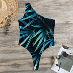 Turquoise Tropical Leaves Print One Shoulder Bodysuit