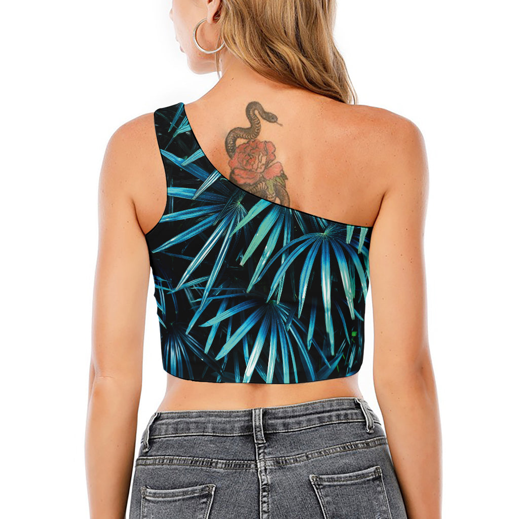 Turquoise Tropical Leaves Print One Shoulder Crop Top