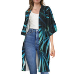 Turquoise Tropical Leaves Print Open Front Beach Cover Up