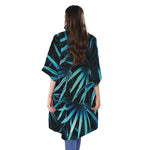 Turquoise Tropical Leaves Print Open Front Beach Cover Up