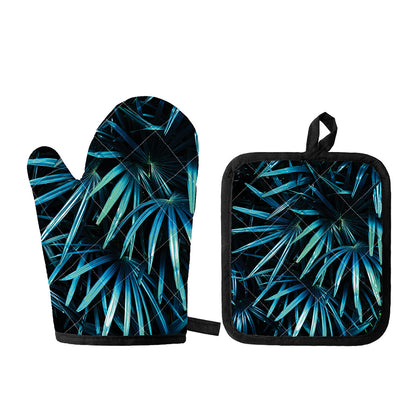 Turquoise Tropical Leaves Print Oven Mitt And Pot Holder Set