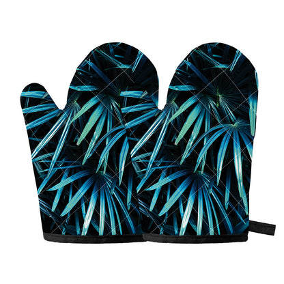 Turquoise Tropical Leaves Print Oven Mitts