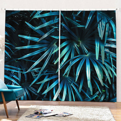 Turquoise Tropical Leaves Print Pencil Pleat Curtains