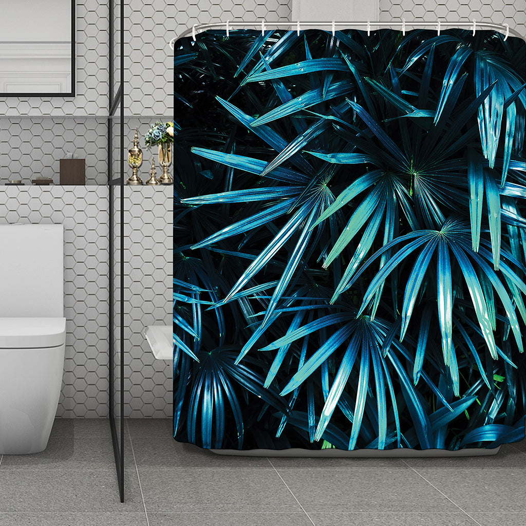 Turquoise Tropical Leaves Print Polyester Shower Curtain