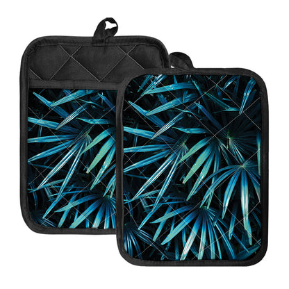 Turquoise Tropical Leaves Print Pot Holders With Pocket
