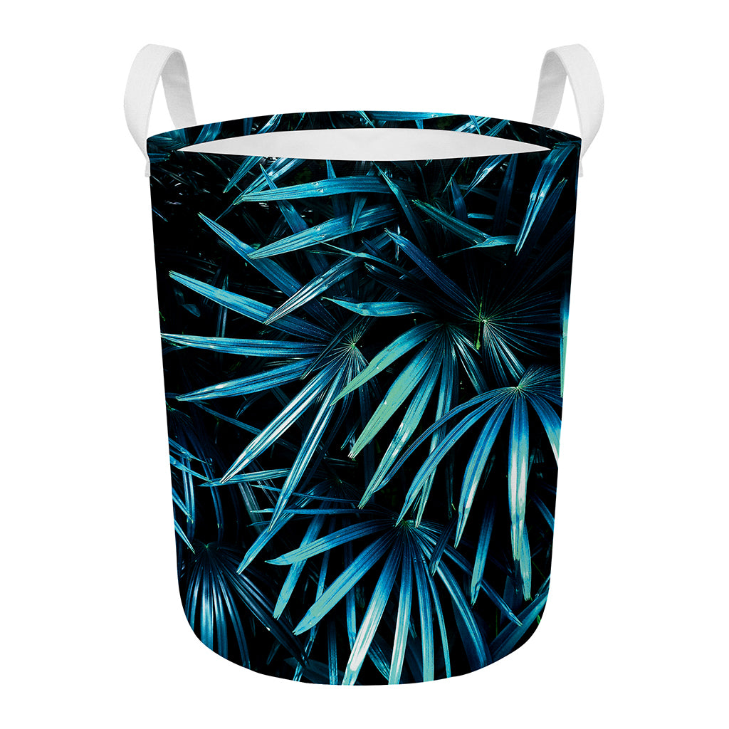 Turquoise Tropical Leaves Print Round Laundry Basket
