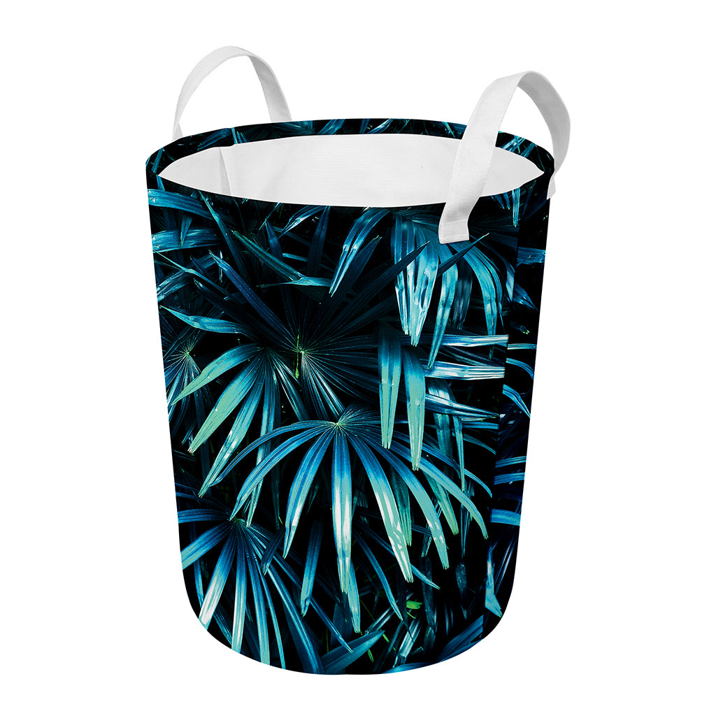 Turquoise Tropical Leaves Print Round Laundry Basket