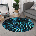 Turquoise Tropical Leaves Print Round Rug