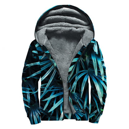 Turquoise Tropical Leaves Print Sherpa Lined Zip Up Hoodie