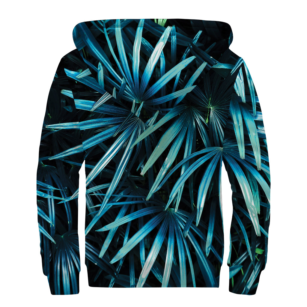 Turquoise Tropical Leaves Print Sherpa Lined Zip Up Hoodie