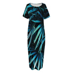 Turquoise Tropical Leaves Print Short Sleeve Long Nightdress
