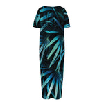 Turquoise Tropical Leaves Print Short Sleeve Long Nightdress