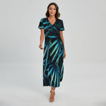 Turquoise Tropical Leaves Print Short Sleeve Maxi Dress