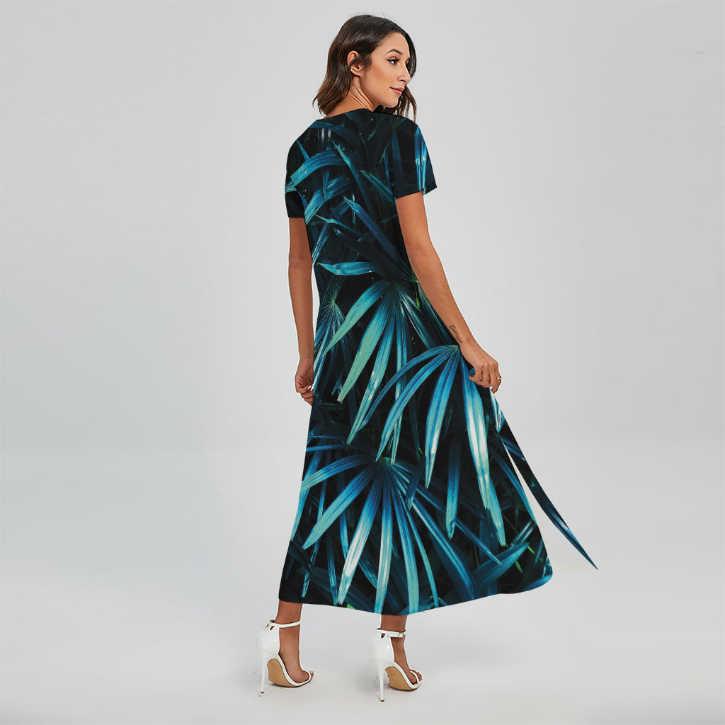 Turquoise Tropical Leaves Print Short Sleeve Maxi Dress