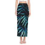 Turquoise Tropical Leaves Print Side Slit Maxi Skirt