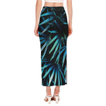 Turquoise Tropical Leaves Print Side Slit Maxi Skirt