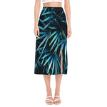 Turquoise Tropical Leaves Print Side Slit Midi Skirt