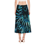 Turquoise Tropical Leaves Print Side Slit Midi Skirt